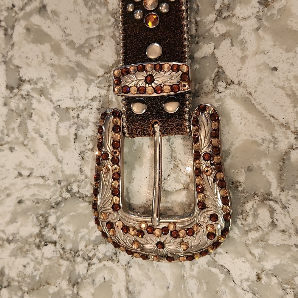 b.b.simon brown, crystal embelished, leather belt L